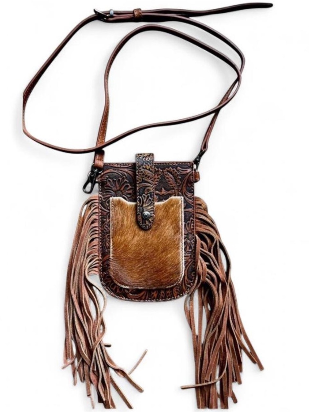 Montana West Crossbody Leather Fringe Bag w/Genuine Hair-On Cowhide Front Pocket